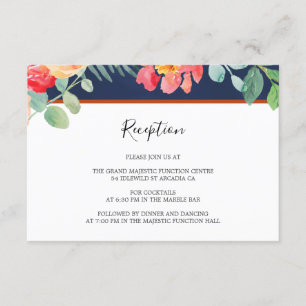 Watercolor Floral Coral Navy Wedding Reception Enclosure Card