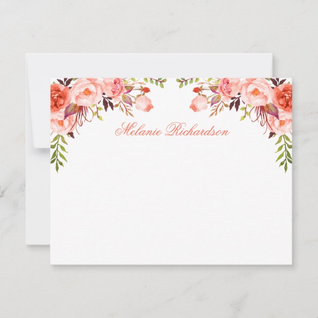 Watercolor Floral Coral Personalized Card (Front)