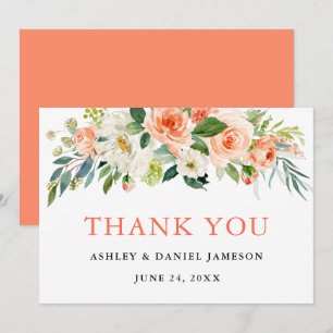 Watercolor Floral Coral Wedding Thank You Card