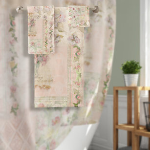 Watercolor Floral Cottagecore Pink Flower Vintage  Bath Towel Set