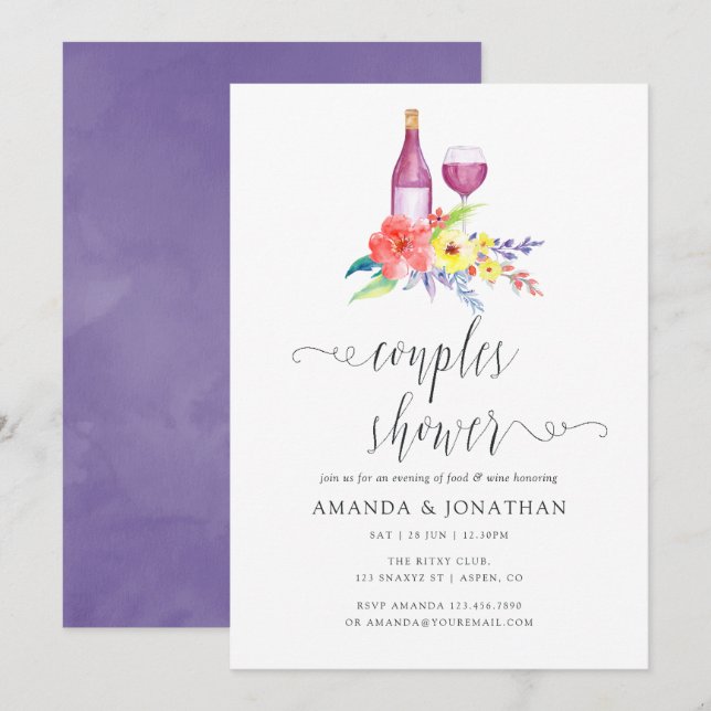 Watercolor Floral Couples Shower Wine Tasting Invitation (Front/Back)