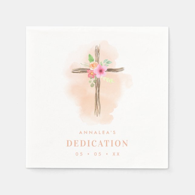 Watercolor Floral Cross Baby Dedication Napkin (Front)