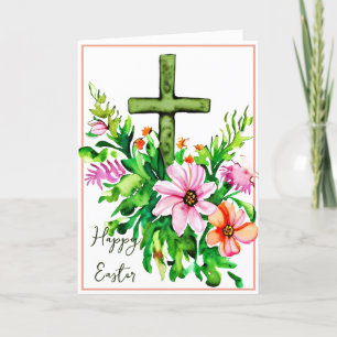 Watercolor floral cross custom Easter Holiday Card