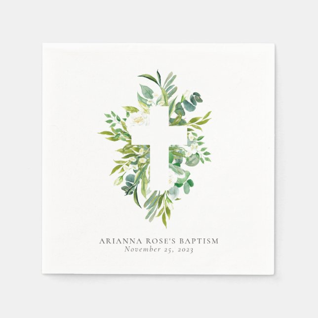 Watercolor Floral Cross Greenery Baptism  Napkin (Front)
