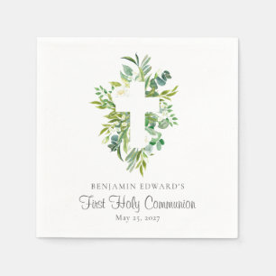 Watercolor Floral Cross Greenery First Communion Napkin