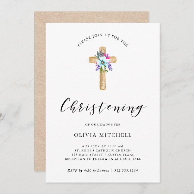 Watercolor Floral Cross Kraft Look | Christening Invitation (Front/Back)