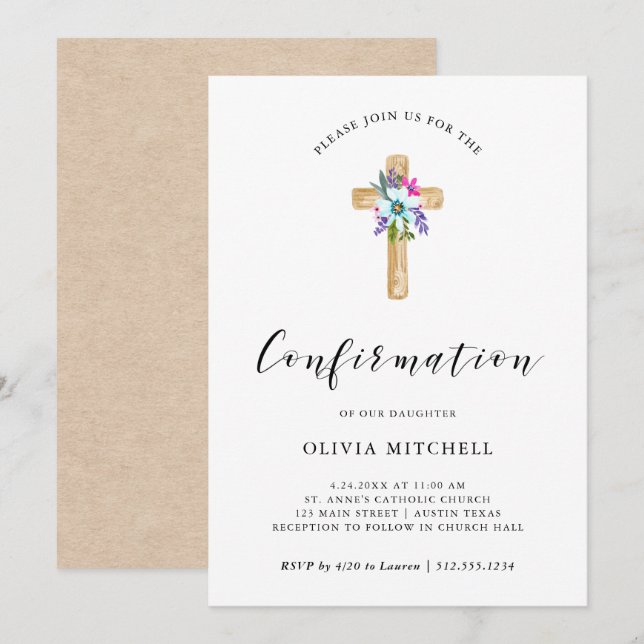 Watercolor Floral Cross Kraft Look | Confirmation Invitation (Front/Back)