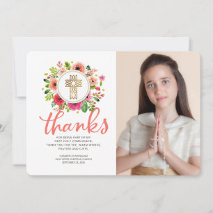 Watercolor Floral Cross Photo Communion Thank You Card