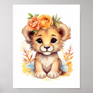 Watercolor Floral Crown Lion Cub Nursery Kids  Poster