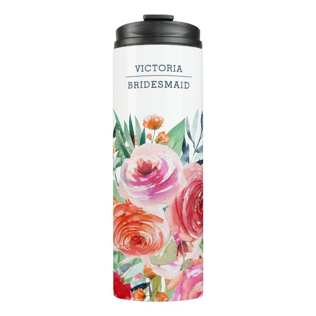 Watercolor Floral Custom Bridesmaid Name Thermal Tumbler (Front)
