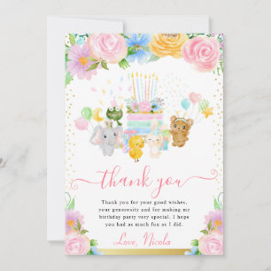 Watercolor Floral Cute Animal Friends Birthday Thank You Card