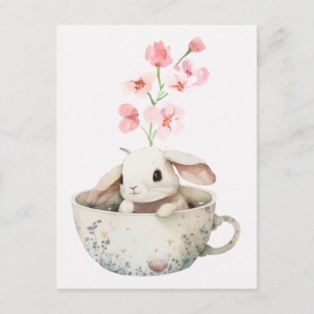 Watercolor floral cute bunny tea cup postcard (Front)