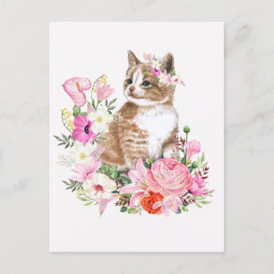 Watercolor floral cute cat postcard