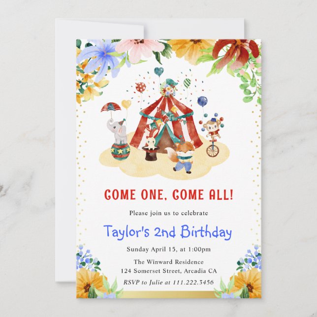 Watercolor Floral Cute Circus Animals Birthday Invitation (Front)