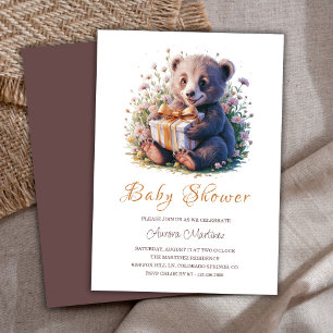Watercolor Floral Cute Little Bear Baby Shower Invitation