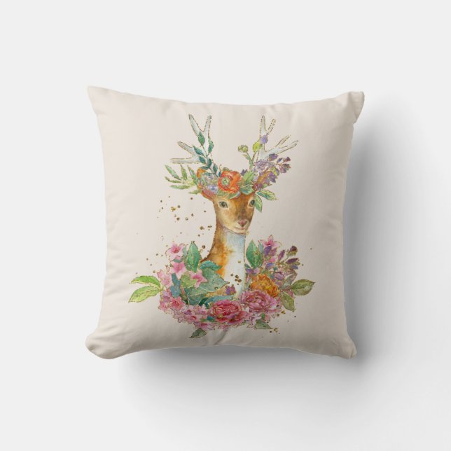 Watercolor Floral Deer Pillow (Front)