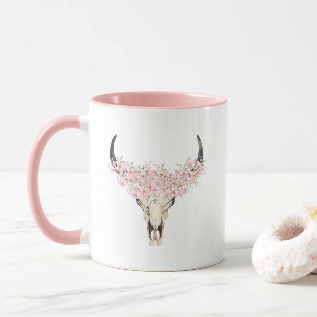 Watercolor Floral Deer Skull Mug (With Donut)