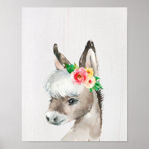 Watercolor Floral Donkey Farmhouse Style Art Poster