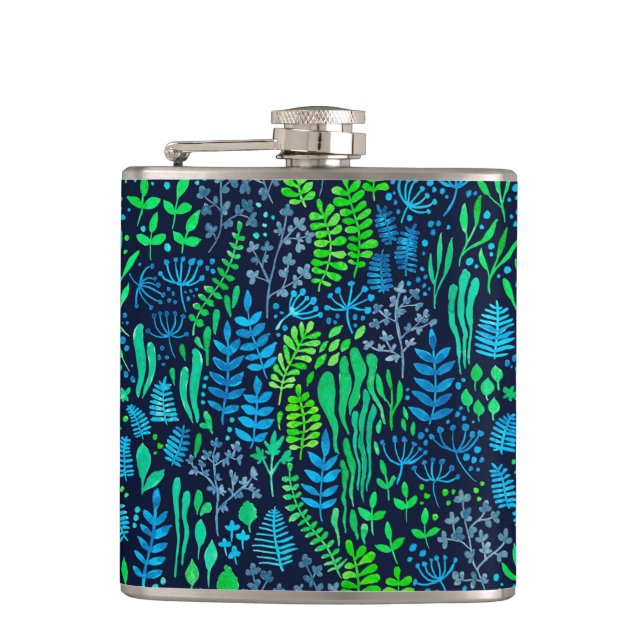 Watercolor floral doodles dark background hip flask (Front)