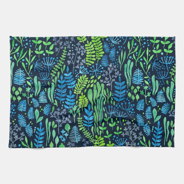 Watercolor floral doodles dark background kitchen towel (Horizontal)