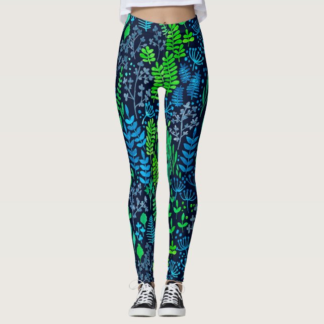 Watercolor floral doodles dark background leggings (Front)