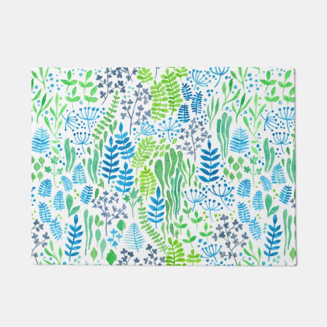 Watercolor floral doodles white doormat (Front)