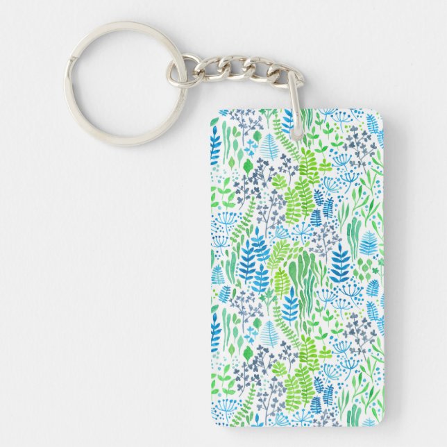 Watercolor floral doodles white keychain (Front)