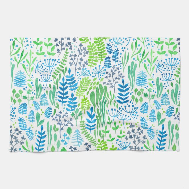 Watercolor floral doodles white kitchen towel (Horizontal)