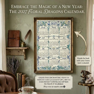 Watercolor floral dragons 2027 wall calendar poster