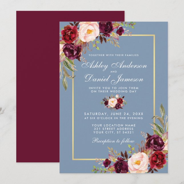 Watercolor Floral Dusty Blue Burgundy Wedding Invitation (Front/Back)