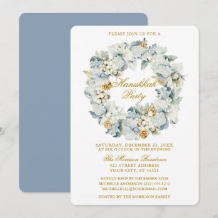 Watercolor Floral Dusty Blue Hanukkah Party Gold Invitation