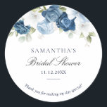 Watercolor Floral Dusty Blue Script Bridal Shower Classic Round Sticker<br><div class="desc">These custom bridal shower Sticker are great for special occasions including bridal showers,  baby showers,  birthdays,  retirement,  and anniversary parties Add the name,  occasion,  date,  and a message by clicking the "Personalize" button. 

TIP: Great for surprise parties,  baby showers,  wedding reception,  and retirement parties.</div>