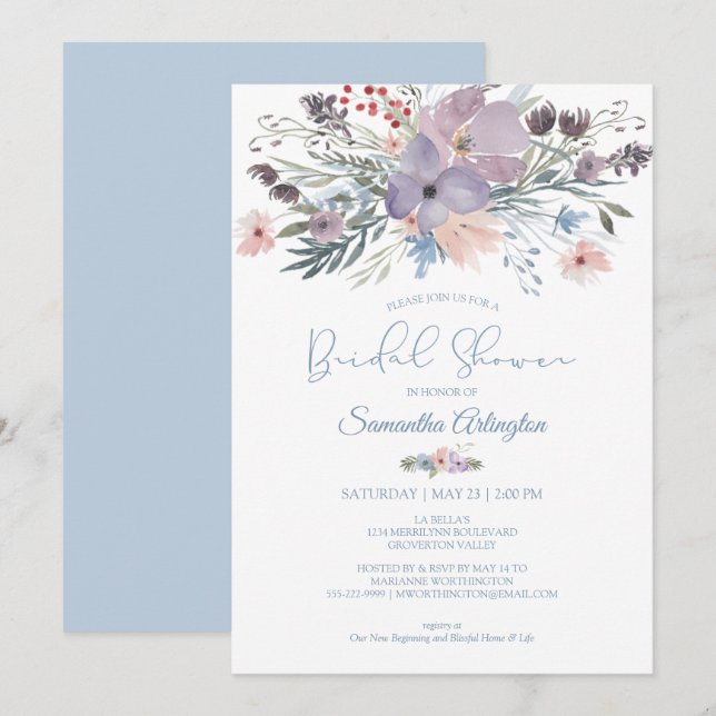 Watercolor Floral Dusty Blue Violet Bridal Shower Invitation (Front/Back)