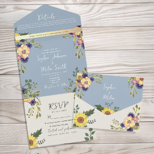 Watercolor Floral Dusty Blue Wedding All In One Invitation