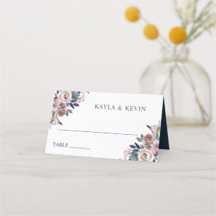 Watercolor Floral Dusty Rose Mauve Blue  Place Car Card