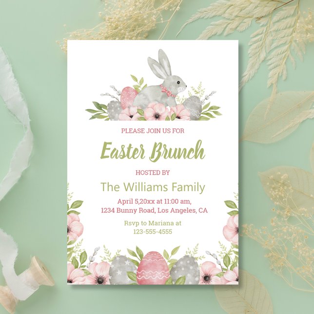 watercolor floral easter bunny pink green brunch invitation (Creator Uploaded)