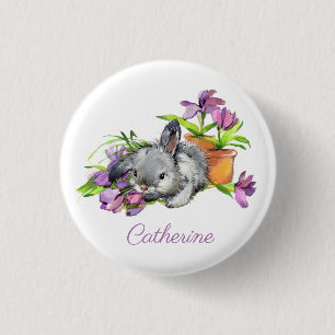 Watercolor Floral Easter Bunny Rabbit Personalized 1 Inch Round Button