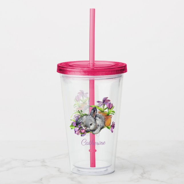 Watercolor Floral Easter Bunny Rabbit Personalized Acrylic Tumbler (Front)