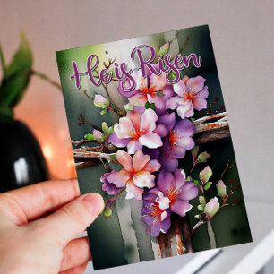 Watercolor Floral Easter Cross He is Risen Holiday Card