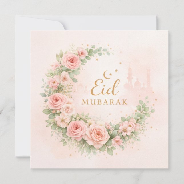 Watercolor Floral Eid Mubarak Card – Romantic Isla (Front)