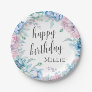 Watercolor Floral Elegant Farmhouse Happy Birthday Paper Plate