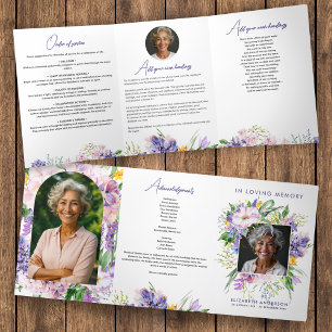 Watercolor Floral Elegant Script 3-Photo Funeral Tri-Fold Programme