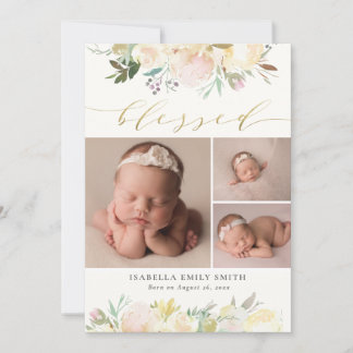 Watercolor Floral Elegant Script Calligraphy Birth Announcement