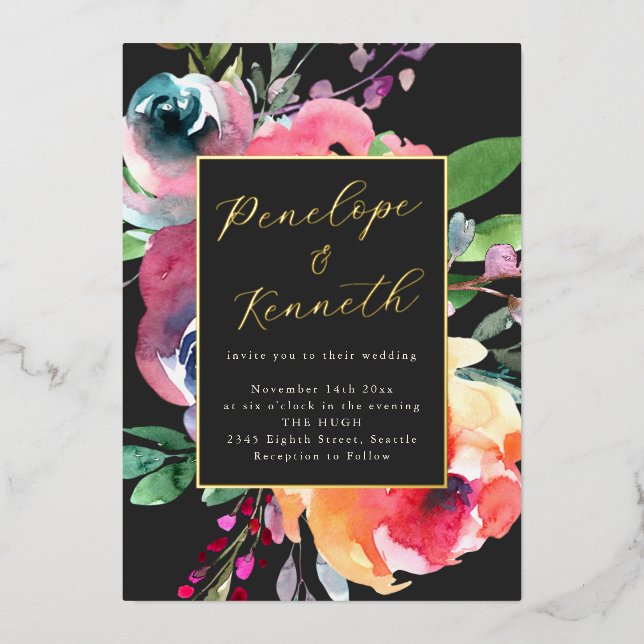 Watercolor Floral Elegant Script Dark Wedding Gold (Front)