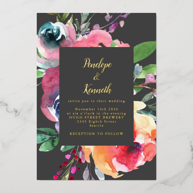 Watercolor Floral Elegant Script Lux Wedding Gold (Front)