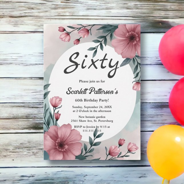 Watercolor Floral Elegant Summer 60th Birthday Invitation (Creator Uploaded)