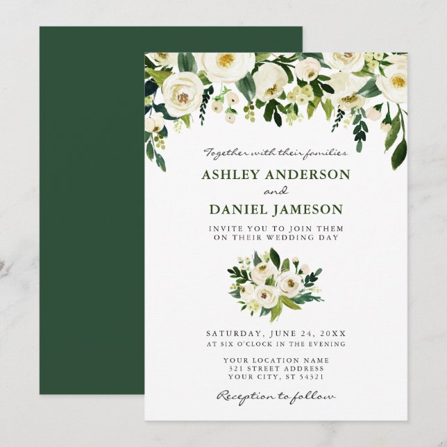 Watercolor Floral Elegant Wedding Green Invitation (Front/Back)