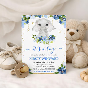 Watercolor Floral Elephant Boy Baby Shower Invitation
