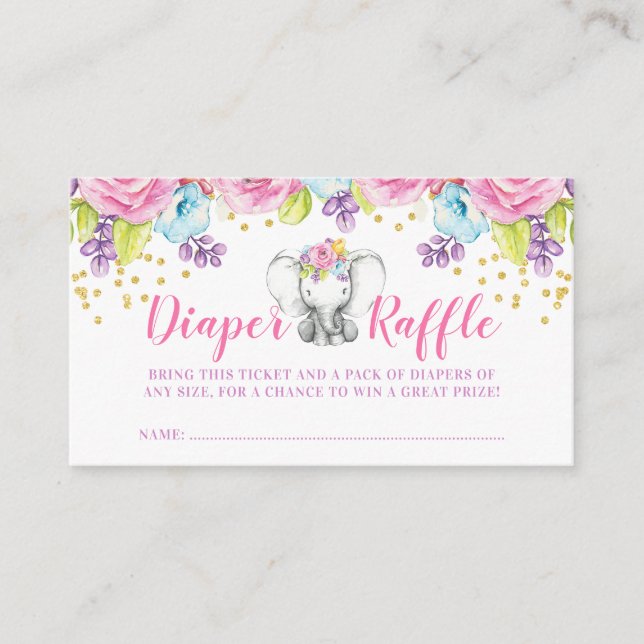 Watercolor Floral Elephant Diaper Raffle Ticket Enclosure Card (Front)
