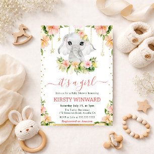 Watercolor Floral Elephant Girl Baby Shower Invitation